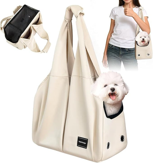 Dog Purse Carrier, Small Dog Cat Puppy Outdoor Portable Bag, Foldable Breathable 3‑Speed Zipper Access Pet Travel Bag with Large-Capacity Pockets, 15 lbs Capacity,Beige