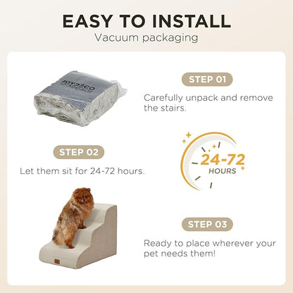 Joydeco Dog Stairs for Bed 17.1" H, 3-Step Pet Steps for Small Dogs and Cats, Dog Steps for High Bed, Non-Slip Balanced Ramp Indoor Pet Stairs, Beige