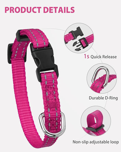 Joytale Puppy Collar, Feather-Light Double-Sided Reflective Nylon Collar for Night Safety, Adjustable Quick-Release for Extra Small Dogs, Hotpink, XS (3/8" Width)