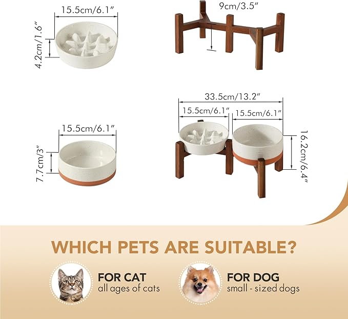 Ceramic 0.9 Cup Raised Slow Feeder Dog Food and Water Bowl Set, Elevated 6.1inch Bowl and 6.1inch Dish with Acacia Wood Stand for Small Dogs(2 x Vanilla White+ Stand)
