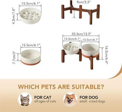 Ceramic 0.9 Cup Raised Slow Feeder Dog Food and Water Bowl Set, Elevated 6.1inch Bowl and 6.1inch Dish with Acacia Wood Stand for Small Dogs(2 x Vanilla White+ Stand)