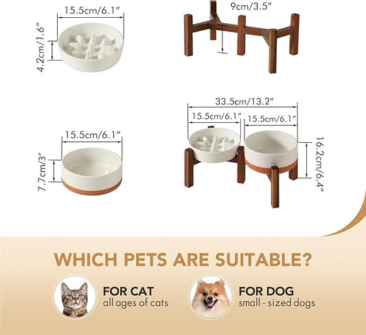 Ceramic 0.9 Cup Raised Slow Feeder Dog Food and Water Bowl Set, Elevated 6.1inch Bowl and 6.1inch Dish with Acacia Wood Stand for Small Dogs(2 x Vanilla White+ Stand)