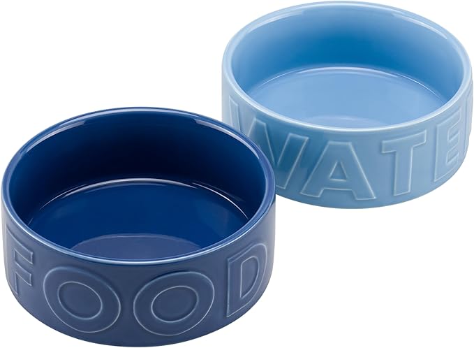 Navaris Dog Food and Water Bowl Set - 16 cm (6.3") Ceramic Bowls for Medium and Large Dogs or Big Cats - 700 ml (23.7 oz) Feeding Dish - Light Blue/Dark Blue