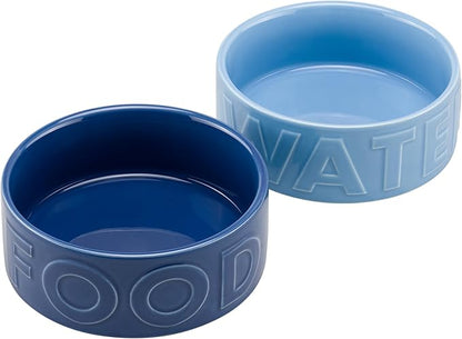 Navaris Dog Food and Water Bowl Set - 16 cm (6.3") Ceramic Bowls for Medium and Large Dogs or Big Cats - 700 ml (23.7 oz) Feeding Dish - Light Blue/Dark Blue