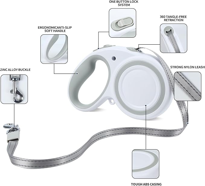 16 Ft Retractable Dog Leash, 360° Tangle-Free Heavy Duty Great Leas for Dog up to 66lbs with Anti-Slip Handle, Dog Walking Leash Suitable for Medium Dogs (White,M)