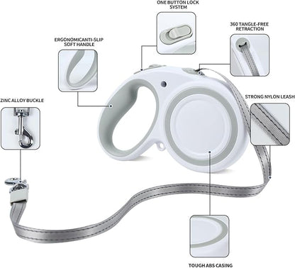 16 Ft Retractable Dog Leash, 360° Tangle-Free Heavy Duty Great Leas for Dog up to 66lbs with Anti-Slip Handle, Dog Walking Leash Suitable for Medium Dogs (White,M)