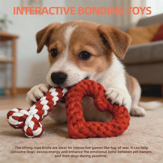 Valentine Dog Toy 2-Pack | Heart&Bone Rope Knot Chew Toys | Durable for Medium Large Dogs with Chewing Behavior | Teeth Cleaning Interactive Toys