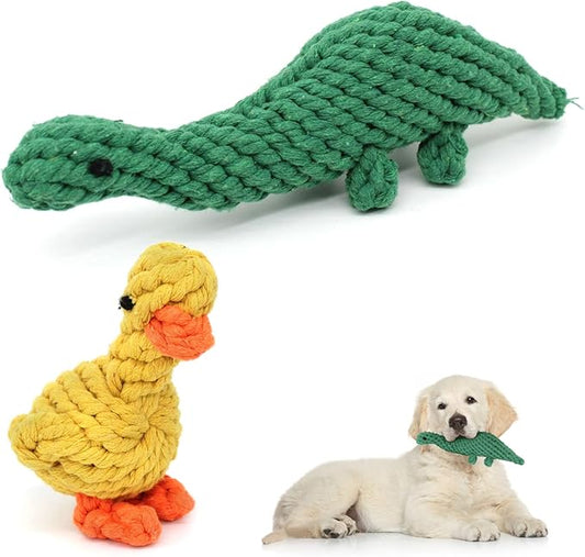 WishLotus 2Pc Dog Rope Toys, Cute Dinosaur and Yellow Duck Shaped Dog Toys for Aggressive Chewers, Cotton Dog Chew Toys for Small Medium Large Breed Teething (Dinosaur+Duck)