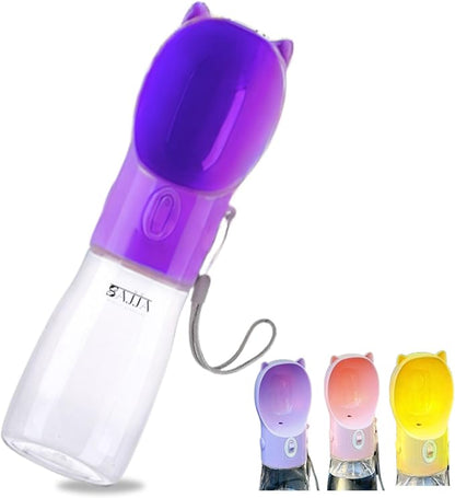 Dog Water Bottle Dispenser - 380 ML Purple- Leak-Proof Lock & One-Hand Operation - Dog Water Bowl Dispenser - Pet Travel Bottle with Built-in Bowl,