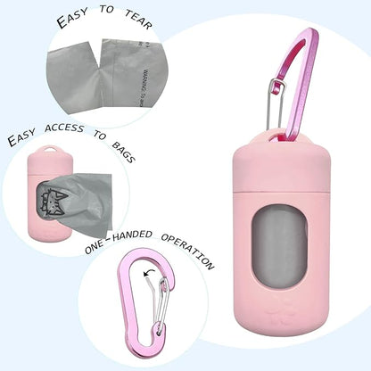 Dog Poop Bag Dispenser for Leash with Snap Clip, Skin-friendly Texture Waste Bag Holder for Dog Walks and Cats, Pets Litter Bag Container, Indoor & Outdoor Use (Pink, 1)