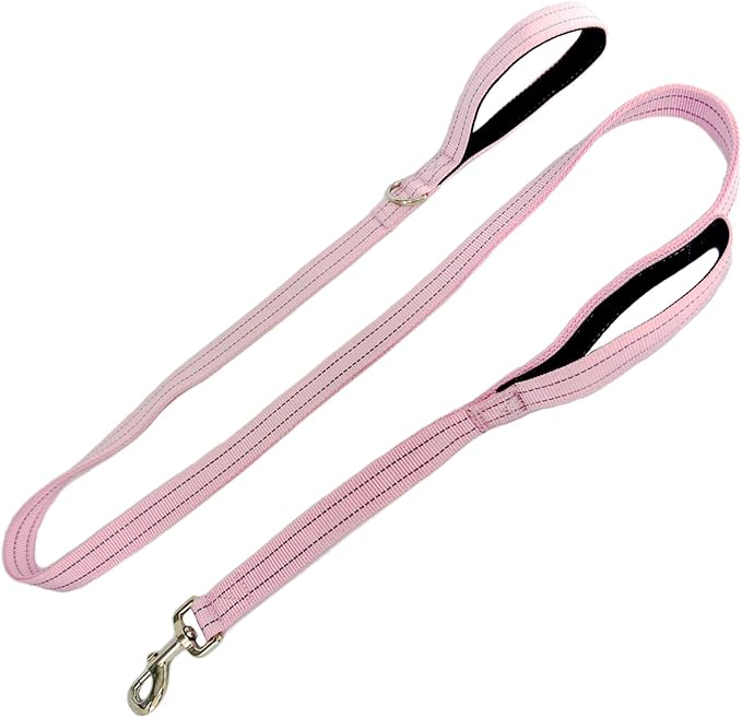 Dual Padded Handle Walking And Training Standard Leashes For Large Dogs With Reflective Stitching, 360° Rotatable Heavy Duty Metal Buckle,D-Ring,Durable Nylon,6Ft Long For Big Dogs Over 70 Pounds Pink