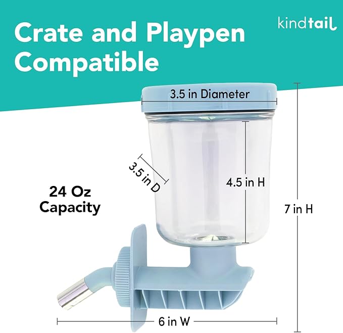 KindTail Pawdle - No-Drip Dog Crate Water Bottle - Top-Fill Pet Water Dispenser - BPA Free with Stainless Steel Nozzle - Easy-to-Use with Most Crates & Playpens - 7 x 6 x 4 in - 16oz Capacity - Grey