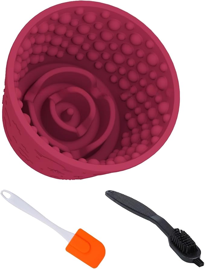 Dog Lick Bowl with Brush and Scraper, Anxiety Relief Silicone Slow Feeder Treat Dispenser, Anti-chocking Pet Dish, Non-Slip Interactive Entertainment Dog Puzzle Toy for Medium & Large-Dark Red