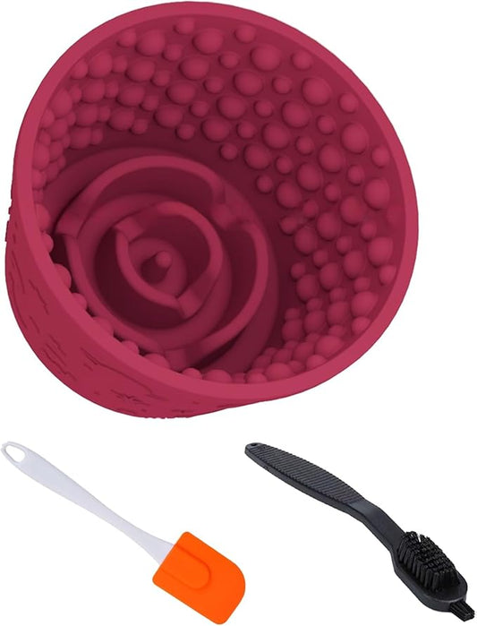 Dog Lick Bowl with Brush and Scraper, Anxiety Relief Silicone Slow Feeder Treat Dispenser, Anti-chocking Pet Dish, Non-Slip Interactive Entertainment Dog Puzzle Toy for Medium & Large-Dark Red