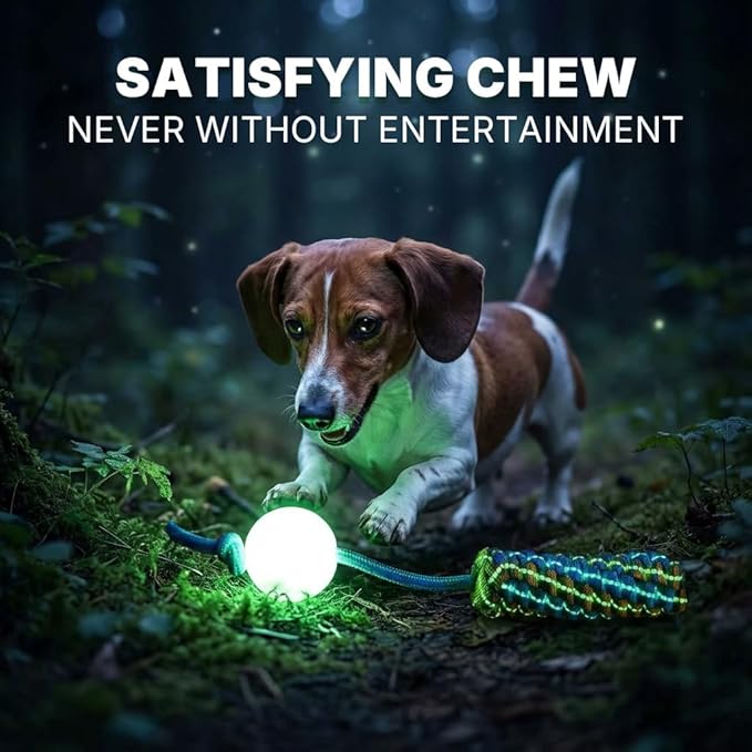 Tug of War Rope Dog Toy - Glow in the Dark Dog Chew Toy with Glowing Squeaky Ball, Pet Interactive Pull Fetch Toys, Teeth Cleaning Chew Toys