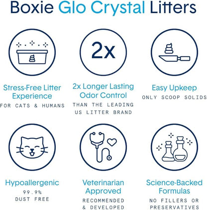 Boxie® Glo™ 30 Day Odor Control Non-Clumping Crystal Cat Litter, 6 lb, Natural Attractions, UV Light Attractant, Soft Granules, 99.9% Dust-Free, Long-Lasting for Multi-Cat Homes