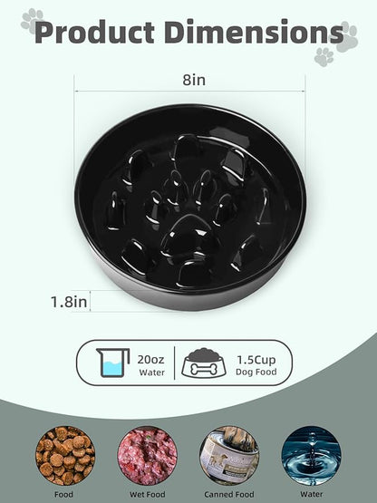 Ceramic 1.5 Cup Slow Feeder Dog Bowl, Slow Feeding Dish for Small & Medium Breeds to Slow Down Eating, Anti-Gulping, Preventing Choking (Black)
