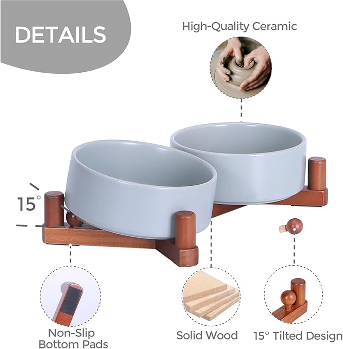 Ceramic Dog Bowl and Cat Bowls Set with 15° Adjustable Wood Stand, Non-Slip Weighted Pet Food and Water Bowls, Dual Raised Feeder for Small Dogs, Matte Glaze Pet Dish 13.5oz Set of 2 (Gray & Chestnut)