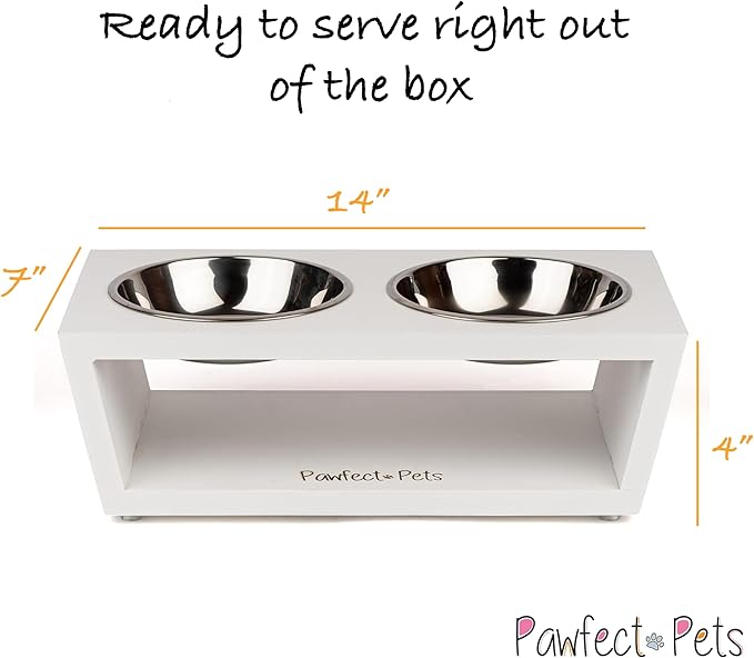 4" Tall Elevated Dog Bowls for Small Dogs and Cats. Raised Dog and Cat Food and Water Bowl Set by Pawfect Pets (White)