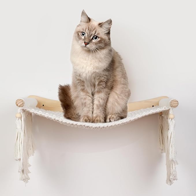 Macrame Cat Wall Shelves & Hammock - Comfy Cat Beds with Window Perch for Indoor Fun, Sleeping & Climbing,Maximum Hold Up to 30lb (Beige White - Cotton Rope)