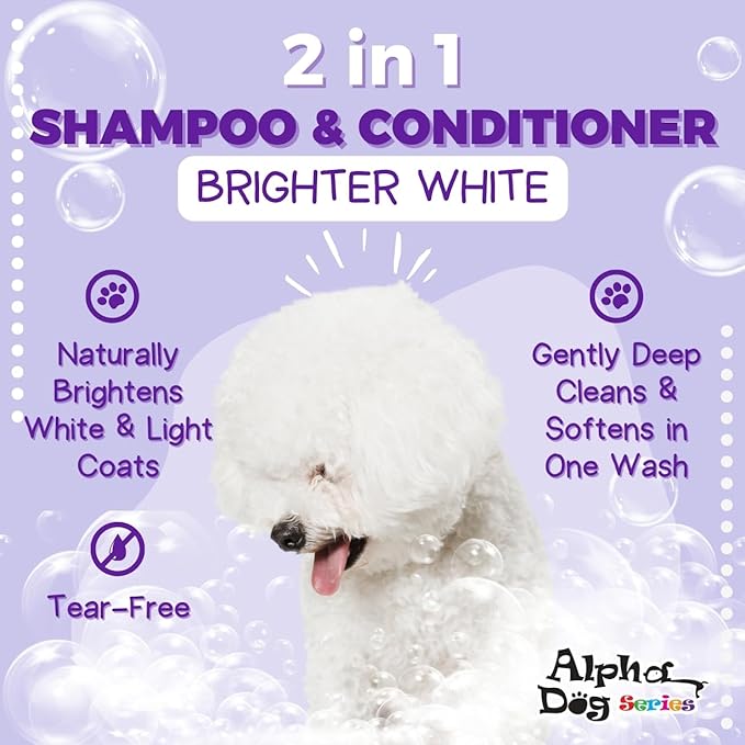 Alpha Dog Series Bright White Grooming Natural Dog Shampoo and Conditioner with Aloe Vera, pH balanced Shampoo for Dogs, Tear-Free, Moisturizing Dog Shampoo for Sensitive Skin - 26.4 Oz