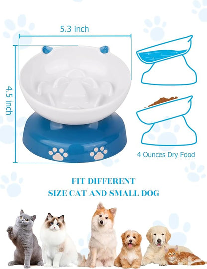 Y YHY Ceramic Slow Feeder Cat Bowl, Elevated Cat Bowl Tilted Design Slow Feeder for Dog and Cat for Dry and Wet Food, Blue