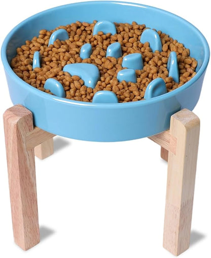 Dog Slow Feeder Bowl with Stand, Round Ceramic Pet Food Bowl for Medium Breed, Fun Raised Dog Bowls to Slow Down Eating (Turquoise)