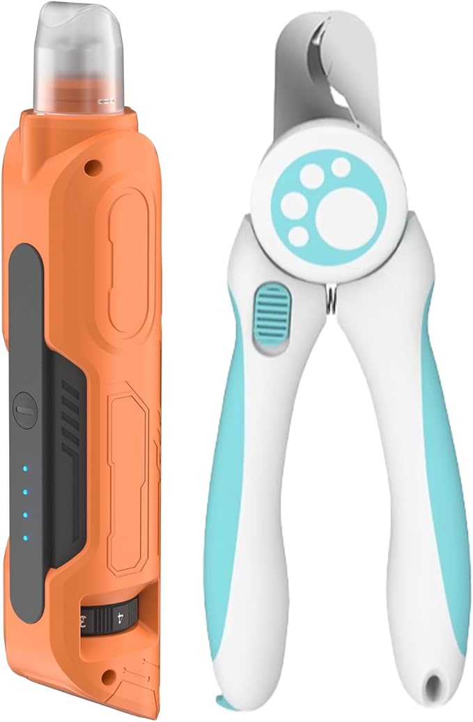 PAPIFFEED Dog Nail Grinder, Quiet 6-Speed Electric Nail Trimmer with Dual LED Light, Rechargeable for Small Medium Large Dogs, with Premium Nail Clipper (Orange Set)