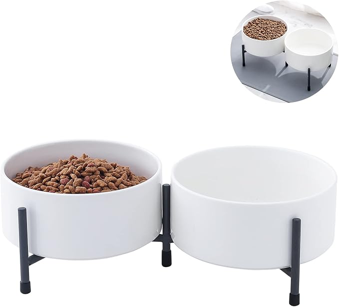 OMAYKEY 32 oz Ceramic Dog Cat Bowl Set of 2 with Elevated Metal Stand - 6 Inch Ceramic Round Pet Food and Water Feeder Bowl Dish for Cats & Dogs - White
