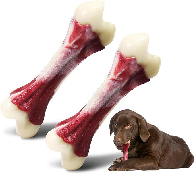 2 Pack Dog Chew Toys for Aggressive Chewers - Beef Flavor Indestructible Nylon Puppy Bone Tough Teething & Calming for Large Medium Breeds(10lbs-70lbs) Birthday Gift Christmas