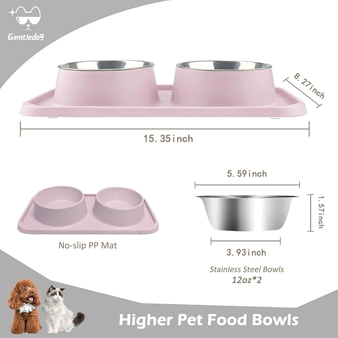 Cat Bowls for Food and Water,Premium Removable Stainless Steel Double Bowls with Non-Slip Bottom & Elevated Stand for Pet and Small Dogs,Upgrade Non-Spill Cat Food Bowls (Light Pink)