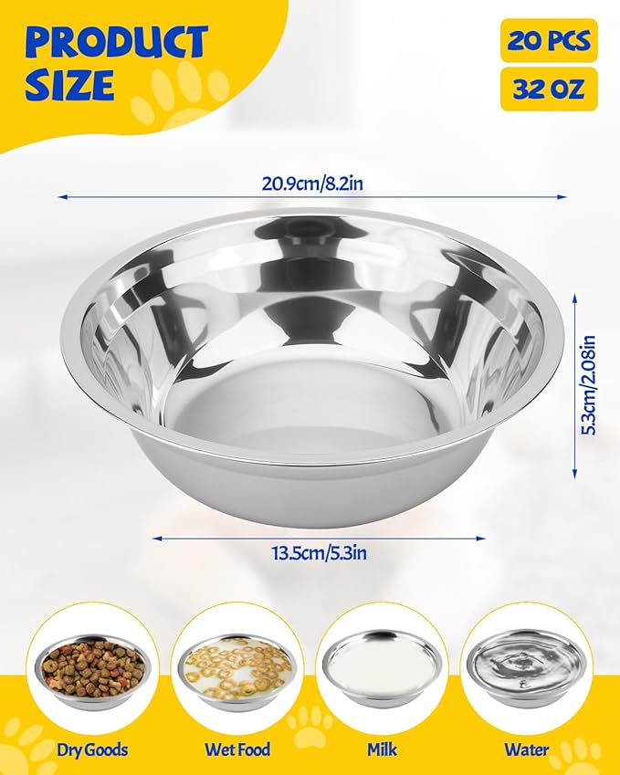 20 PCS Stainless Steel Dog Bowls, 32 Oz (4 Cups) Thickened Metal Dog Bowls for Multi Dogs Multi Cat Households or Kennels, Pet Replacement Bowl of Food and Water, Dishwasher Safe