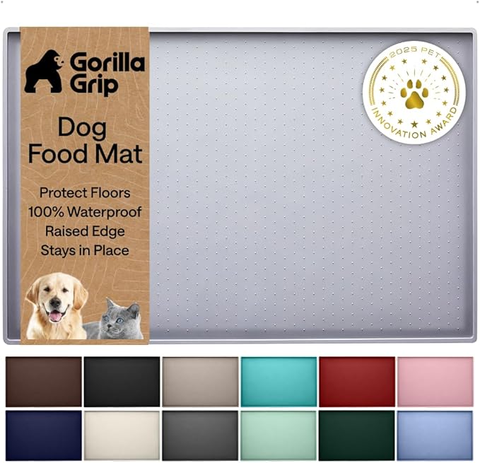 GORILLA GRIP 100% Waterproof Raised Edge BPA Free Silicone Pet Feeding Mat, Dog Cat Food Mats Contain Spills Protects Floors, Placemats for Cats, Dogs Water Bowl, Pets Accessories 18.5x11.5 Light Gray