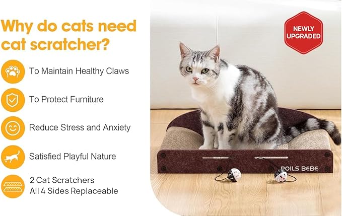 Poils Bebe 26 Inch Sofa Cat Scratcher, Small Cat Scratcher Cardboard with Bell Balls, Durable Couch Lounger for Indoor Cats, Cat Scratch Furniture Protector with Catnip, Cat Toys