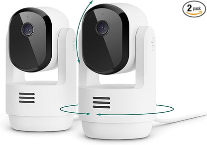 Arlo Essential Indoor Pan Tilt Security Camera 2K (2025 Release) - Wired Plug-in Power, Person Recognition, Animal Detection, Animated Preview, 1-Month Secure Plan, Auto Motion Tracking, 2 Cam, White