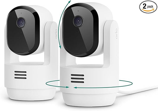 Arlo Essential Indoor Pan Tilt Security Camera 2K (2025 Release) - Wired Plug-in Power, Person Recognition, Animal Detection, Animated Preview, 1-Month Secure Plan, Auto Motion Tracking, 2 Cam, White
