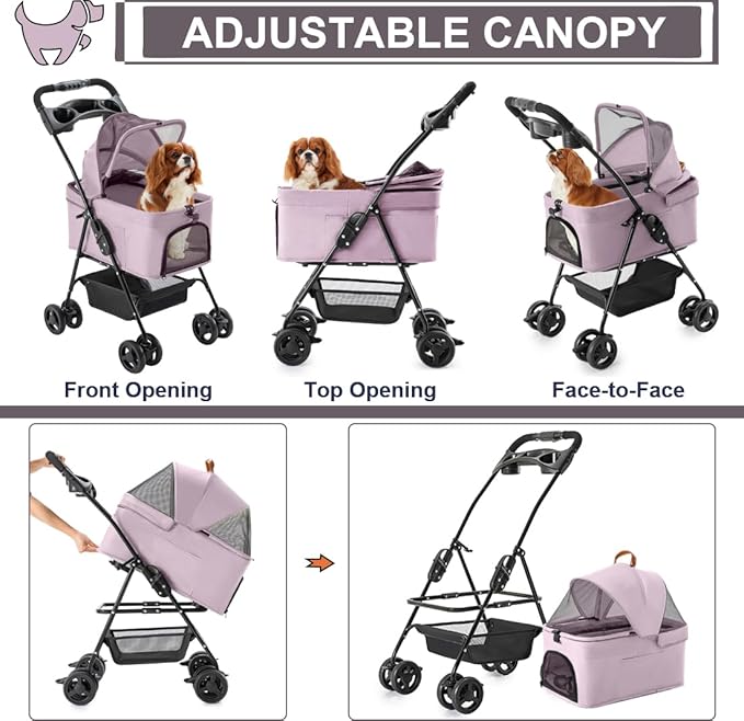 3-in-1 Pet Stroller for Small Dogs and Cats, Folding Lightweight Dog Stroller with Detachable Carrier Portable Cat Puppy Jogging Stroller with Cup Holder and Storage Basket, 4 Wheels