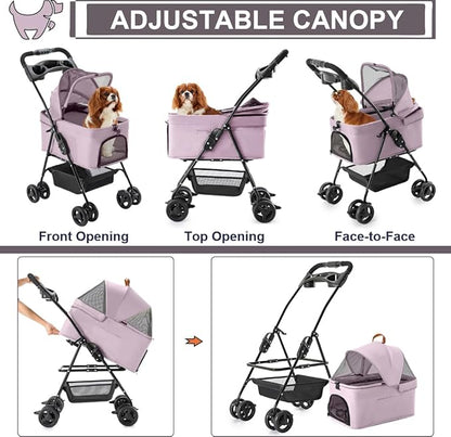 3-in-1 Pet Stroller for Small Dogs and Cats, Folding Lightweight Dog Stroller with Detachable Carrier Portable Cat Puppy Jogging Stroller with Cup Holder and Storage Basket, 4 Wheels