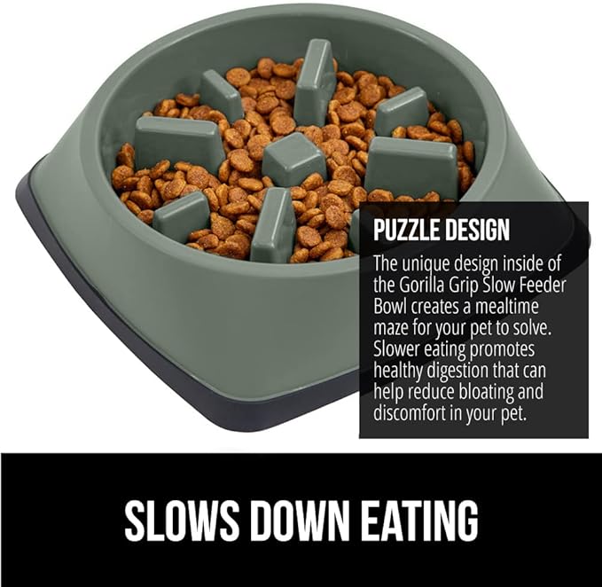 GORILLA GRIP Patented BPA Free Slow Feeder Dog Bowls, 4 Cup Interactive Puzzle Toy for Dogs and Cats Food Training Enrichment, Keeps Pets Busy and Prevents Puppy Overeating, Large Breeds, Sage Green