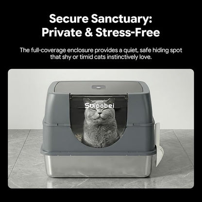 Enclosed Stainless Steel Cat Litter Box, Metal Litter Box with Lid, Hooded Kitty Litter Pan, Non-Stick & Never Absorbs Odors, Durable for Multi Cats (Include Scoop)