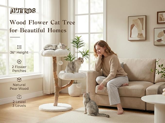 Wood Flower Cat Tree, Modern Cat Tower with Real Wood Branches, Luxury Boho Furniture with Scratching Post and 2 Perches, Cat Climbing Tower for Indoor Cats, Cloud White