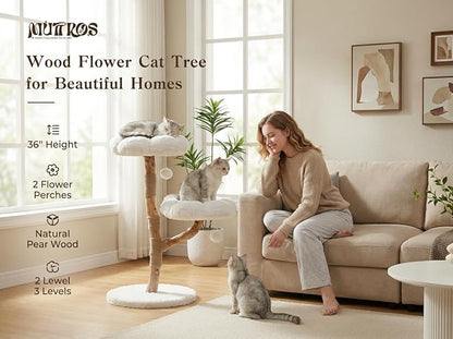 Wood Flower Cat Tree, Modern Cat Tower with Real Wood Branches, Luxury Boho Furniture with Scratching Post and 2 Perches, Cat Climbing Tower for Indoor Cats, Cloud White