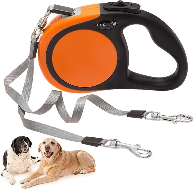 KOOLTAIL Dual Retractable Dog Leash for Two Dogs Up to 110 Lbs, Heavy Duty Double Headed 16 ft Extendable 360° Tangle-Free One Button&Lock Brake Dog Leash for Small Medium Large Dogs PuppyOrange