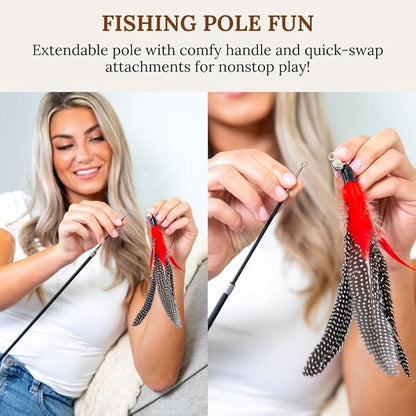 Interactive Cat Toys for Indoor Cats - Retractable Fishing Pole Teaser Wand - Suction Cup Window Mount - Hanging Door Bouncer - 9 Feather Attachments - Bored Adult Feline Activity - Kitten Juguetes