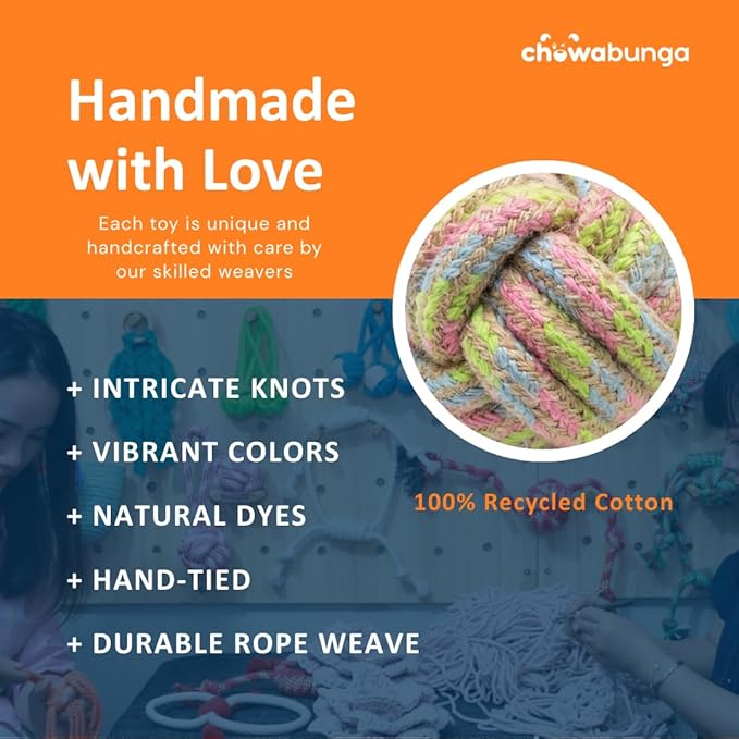 Tug of War Dog Toy 12 Inch Eco Cotton Interactive Dog Rope Toy with Grip Handle & Rope Tug Ball with Natural, Non-Toxic Dyes Tug Toy for Medium & Small Dogs (Rainbow)