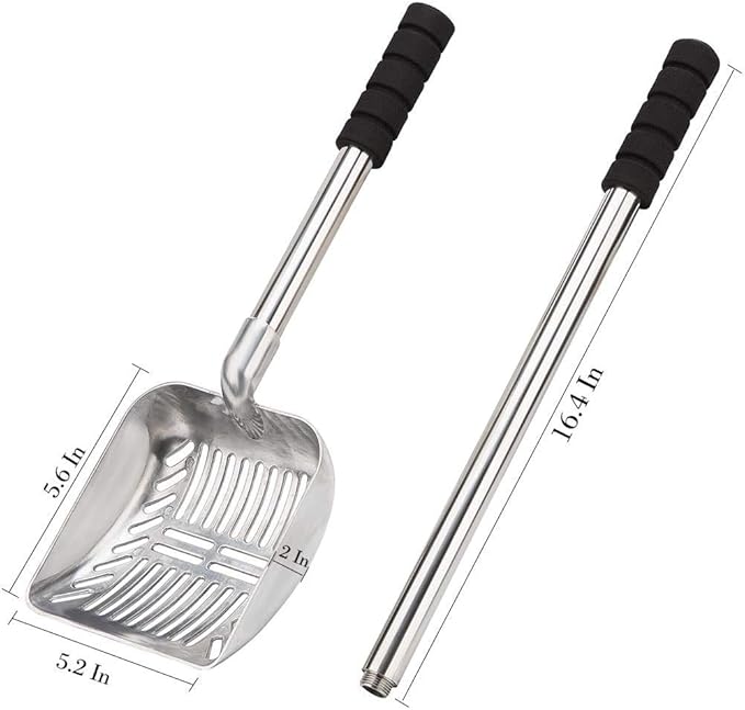 Yangbaga Metal Cat Litter Scoop with Deep Shovel&Long Handle,Detachable Stainless Steel Non-Stick Sifter with Foam Padded Grip, No Bending Back Heavy Duty Cat Litter Scooper