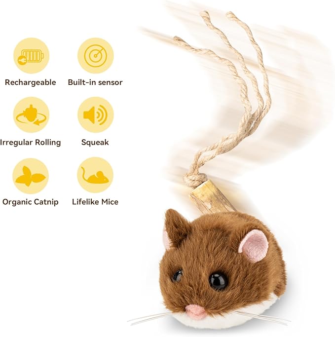 Migipaws Interactive MigiMouse Cat Toy 360° Rolling & Spin with Wiggling Tail for Indoor Cats Smart Motion Sensor, Realistic Squeak, Rechargeable Plush Kitten Toy (Brown)