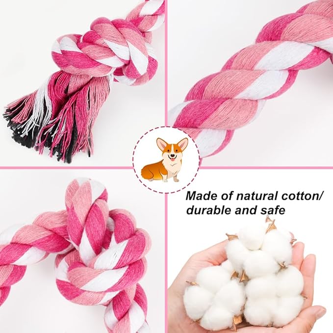SZEE Dog Rope Toy, 14 in 3 Knots Chew Rope for Small Medium Dogs, Natural Cotton Pull Toy for Tug of War and Teeth Cleaning, Fits Valentine’s Day Vibe (Pink)