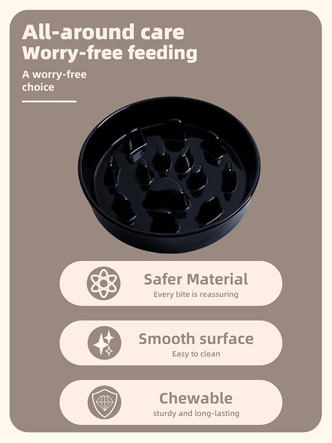Dog Slow Feeder Bowl, Round Ceramic Pet Food Bowl for Medium Breed, Fun Raised Dog Bowls to Slow Down Eating (Black)