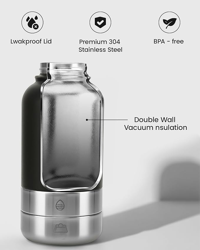 34oz Dog Water Bottle, Stainless Steel Dog Water Bottle Dispenser with Detachable Food & Water Bowls, Keeps Water Hot/Cold, for Walking, Hiking, Camping(Black)
